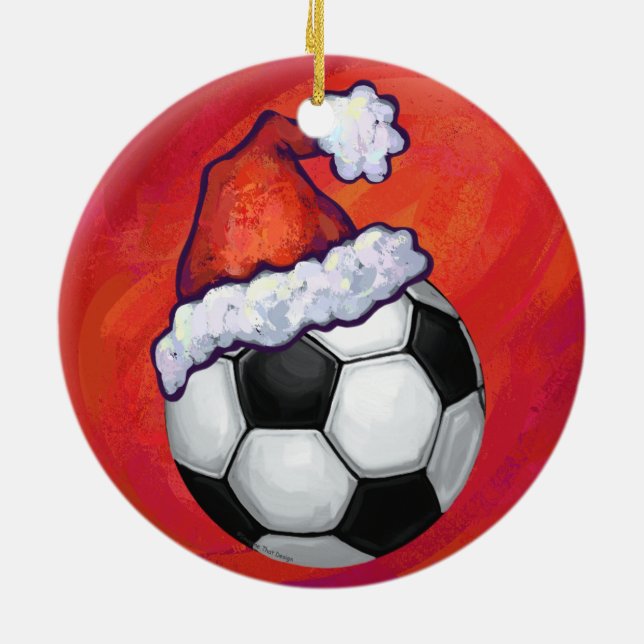 Santa Hat Soccer Ball on Red Ceramic Tree Decoration (Back)