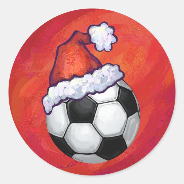 Santa Hat Soccer Ball on Red Classic Round Sticker (Front)