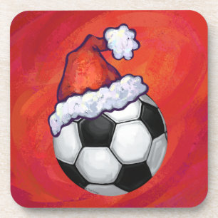 Santa Hat Soccer Ball on Red Coaster