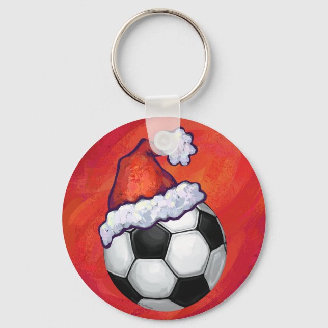 Santa Hat Soccer Ball on Red Key Ring (Front)