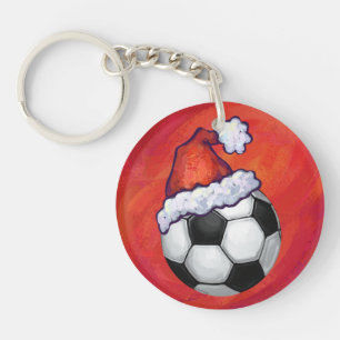 Santa Hat Soccer Ball on Red Key Ring