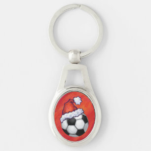 Santa Hat Soccer Ball on Red Key Ring