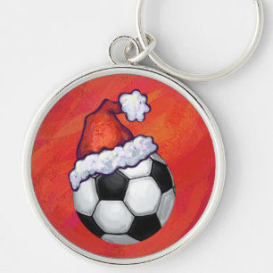 Santa Hat Soccer Ball on Red Key Ring