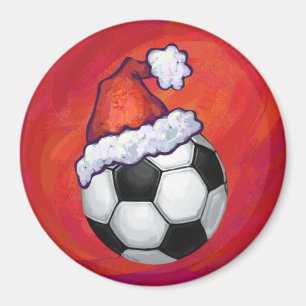 Santa Hat Soccer Ball on Red Magnet
