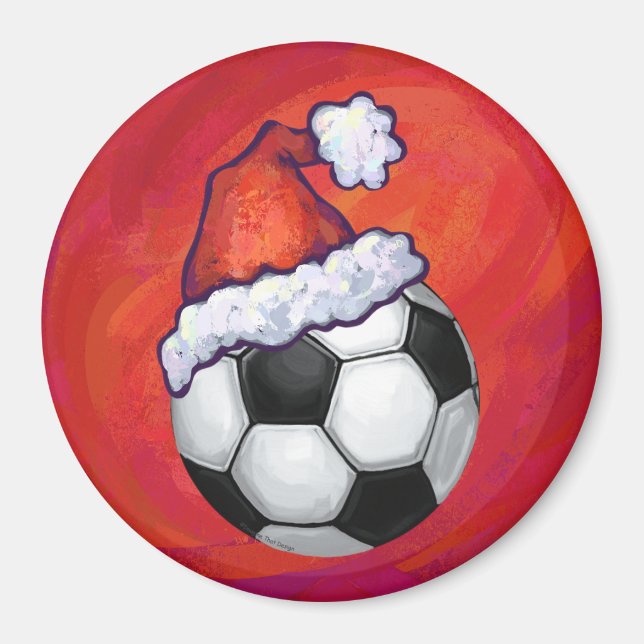 Santa Hat Soccer Ball on Red Magnet (Front)