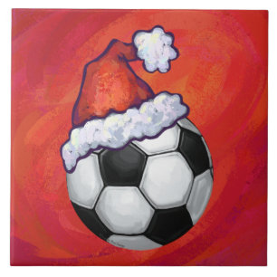 Santa Hat Soccer Ball on Red Tile