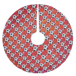 Santa Hat Soccer Ball Pattern on Red Brushed Polyester Tree Skirt