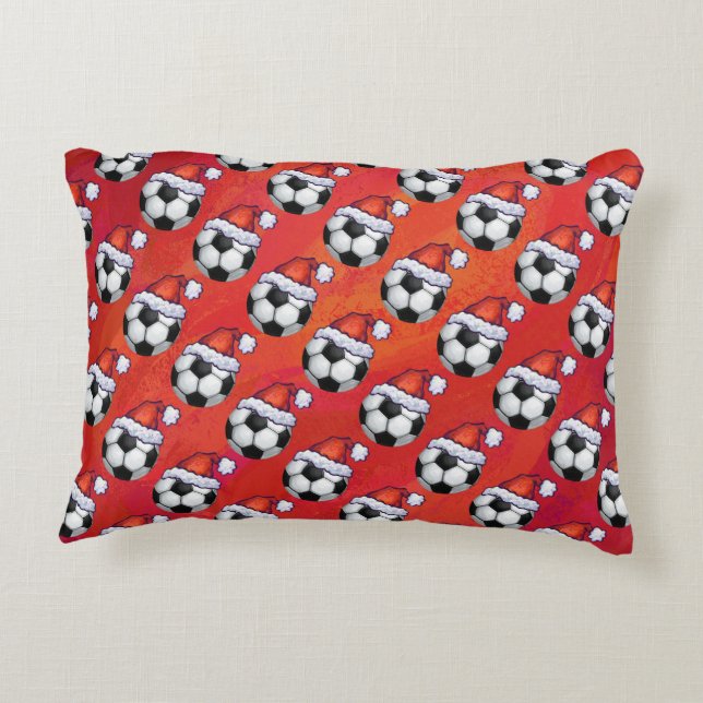 Santa Hat Soccer Ball Pattern on Red Decorative Cushion (Back)