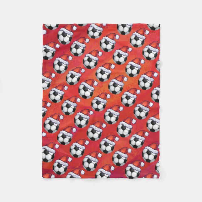 Santa Hat Soccer Ball Pattern on Red Fleece Blanket (Front)