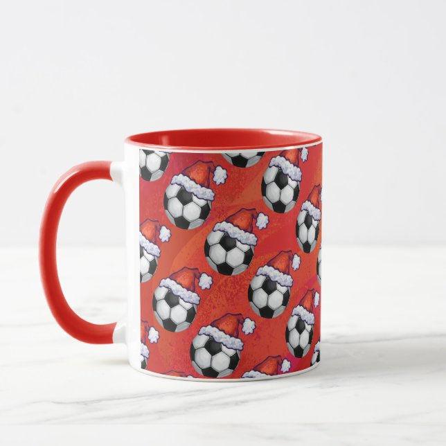 Santa Hat Soccer Ball Pattern on Red Mug (Left)