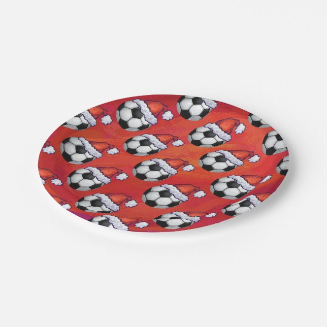 Santa Hat Soccer Ball Pattern on Red Paper Plate (Angled)