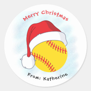 Santa Hat Softball Merry Christmas Classic Round Sticker