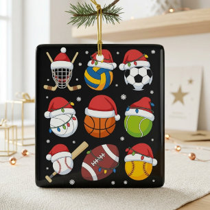 Santa Hat Sports Balls Christmas Athlete Lover Ceramic Ornament