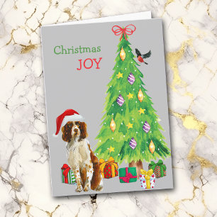 Santa Hat Springer Spaniel and Christmas Tree Holiday Card