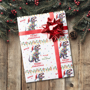 Santa Hat T-Rex Dinosaur Kids Christmas Wrapping Paper