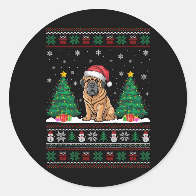 Santa Hat Tibetan Mastiff Dog Xmas Tree Lights Ugl Classic Round Sticker (Front)