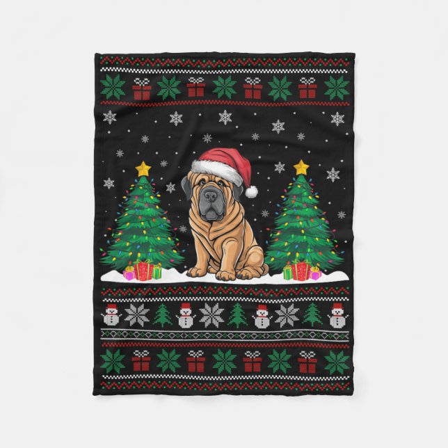 Santa Hat Tibetan Mastiff Dog Xmas Tree Lights Ugl Fleece Blanket (Front)