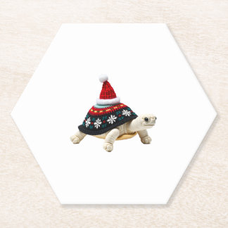 Santa Hat Tortoise - Vintage Sea Turtle Xmas Ugly  Paper Coaster