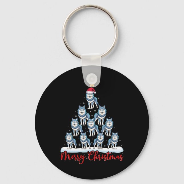 Santa Hat Ugly Xmas Funny Wolf Christmas Tree  Key Ring (Front)