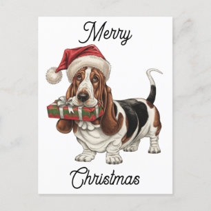 santa hat wearing basset hound personalised holiday postcard