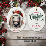 Santa Hat White Horse Christmas Ceramic Tree Decoration<br><div class="desc">Any child who loves horses will love this pretty Christmas ornament. On the front is a pretty white horse with a red halter and Santa hat. The image is framed with pine boughs and red berries. Your custom name is at the bottom. The back of the ornament has a Merry...</div>