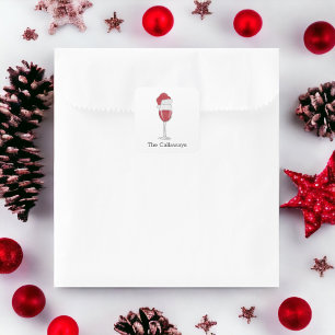 Santa Hat Wine Glass Personalised Christmas Party Square Sticker