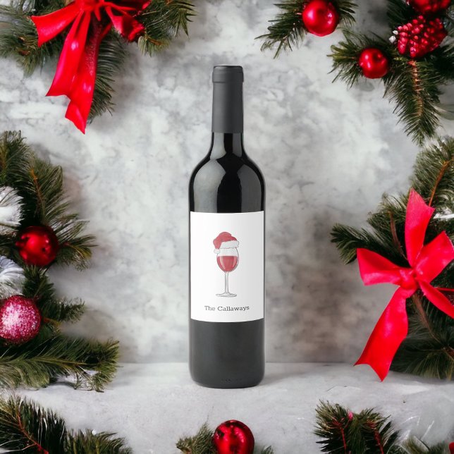 Santa Hat Wine Glass Personalised Holiday Party Wine Label (Creator Uploaded)