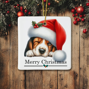 Santa Hat Winking Basset Hound Puppy Christmas Ceramic Ornament