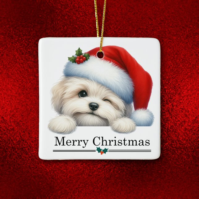 Santa Hat Winking Havanese Puppy Christmas Ceramic Ornament (Creator Uploaded)