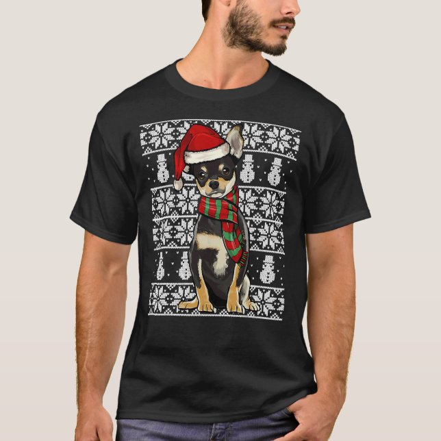 Santa Hat Xmas Black Chihuahua Ugly Christmas T-Shirt (Front)