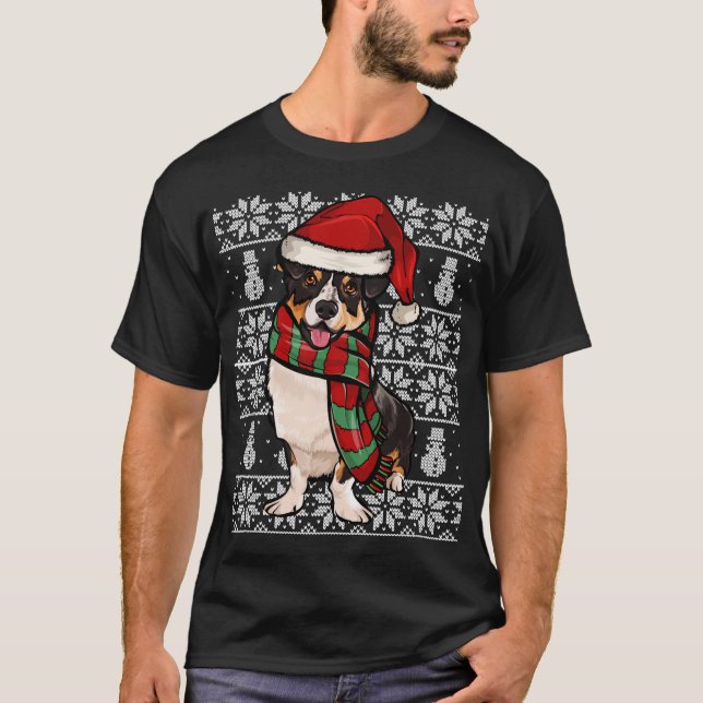 Santa Hat Xmas Cardigan Welsh Corgi Ugly Christmas T-Shirt (Front)