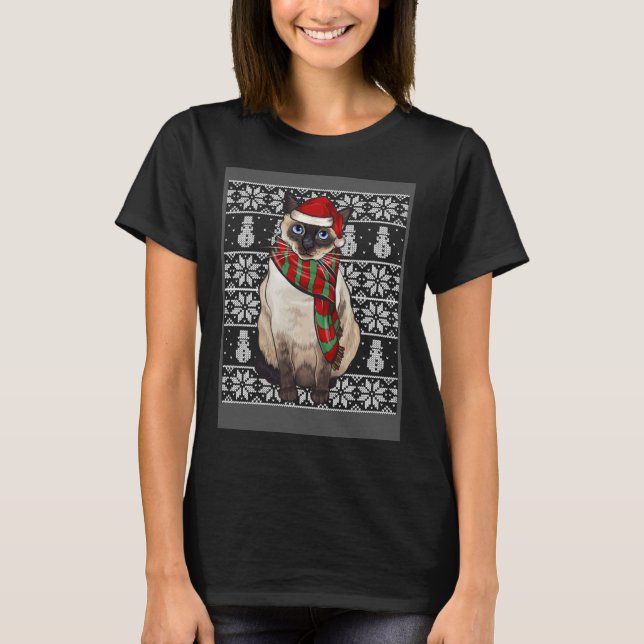 Santa Hat Xmas Siamese Cat Ugly Christmas T-Shirt (Front)