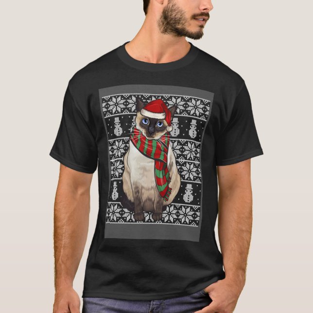Santa Hat Xmas Siamese Cat Ugly Christmas T-Shirt (Front)