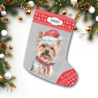 Santa Hat Yorkie Snowflake Border Large Christmas Stocking