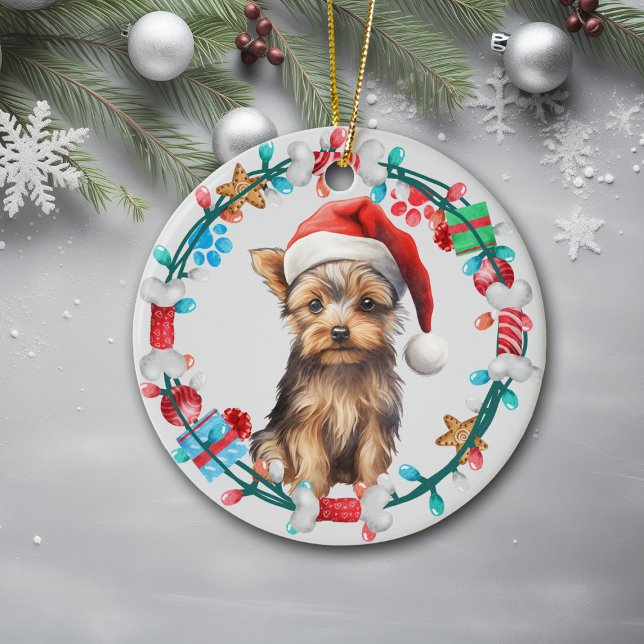 Santa Hat Yorkshire Terrier Dog Bone Wreath Ceramic Tree Decoration (Creator Uploaded)