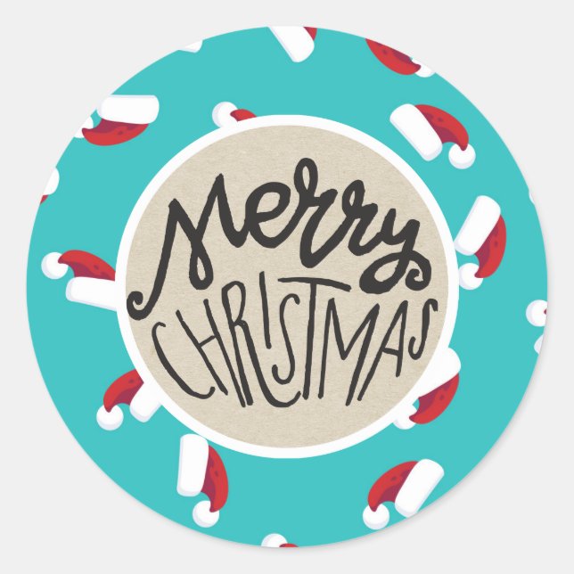 Santa Hats Blue Merry Christmas Holiday Whimsical Classic Round Sticker (Front)