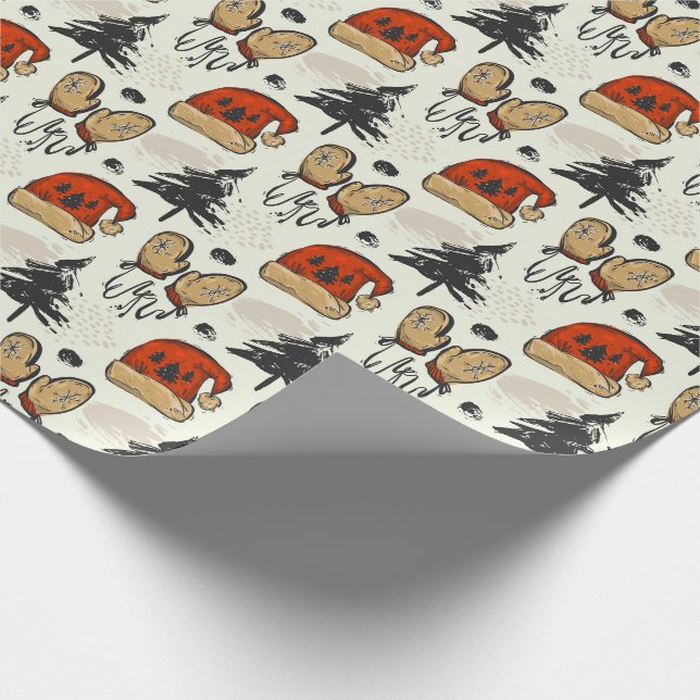 Santa Hats, Mittens and Trees Wrapping Paper (Corner)