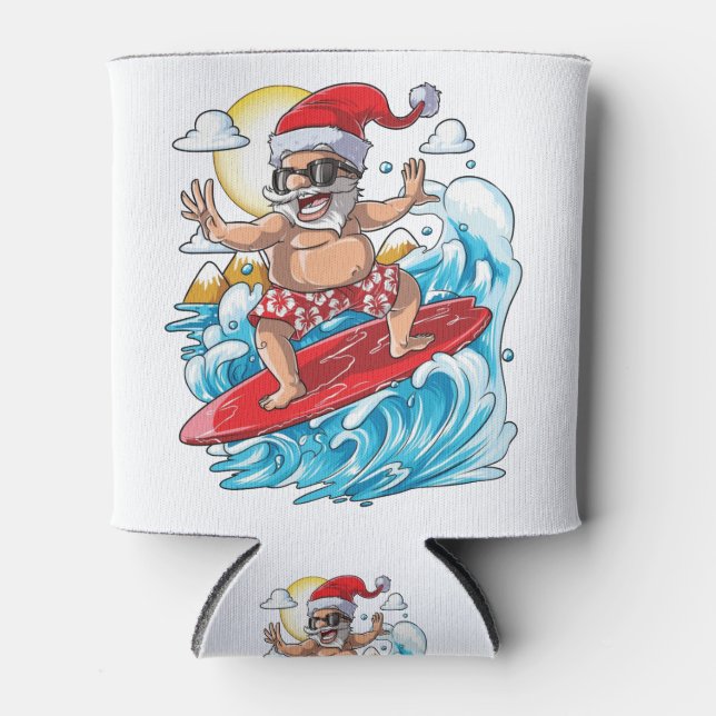 Santa Hawaiian Surfing Christmas Summer Surf Hawai Can Cooler (Front)