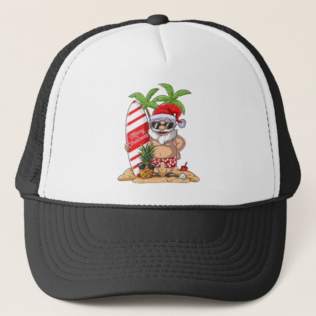 Santa Hawaiian Surfing Christmas Summer Surf Hawai Trucker Hat (Front)