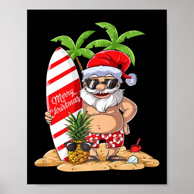 Santa Hawaiian Surfing T Shirt Christmas Summer Su Poster (Front)