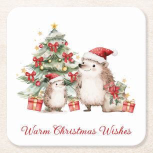 Santa Hedgehog Christmas Wishes Square Paper Coaster
