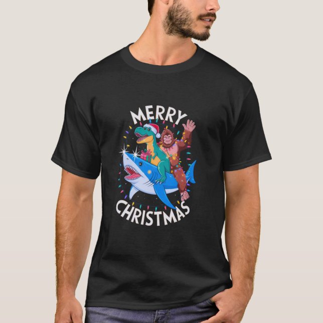 Santa Helpers Shark TRex Dinosaur Bigfoot Merry Ch T-Shirt (Front)