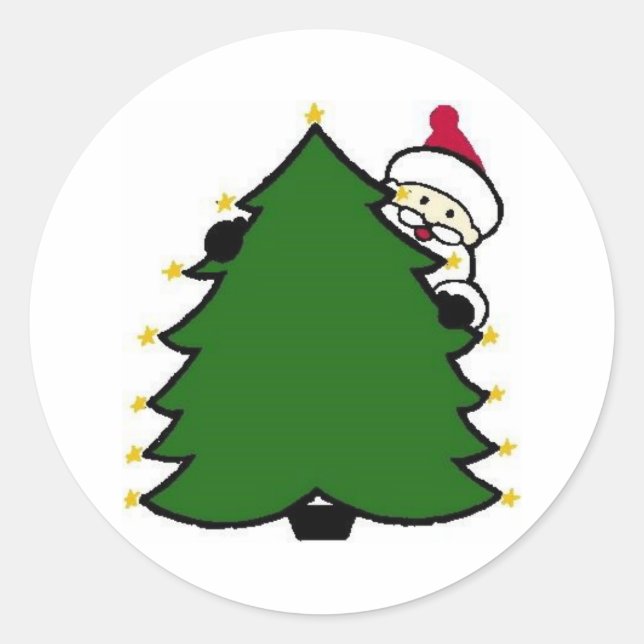 Santa Hides Behind Christmas Tree Classic Round Sticker (Front)