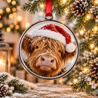 Santa Highland Cow Metal Christmas Ornament