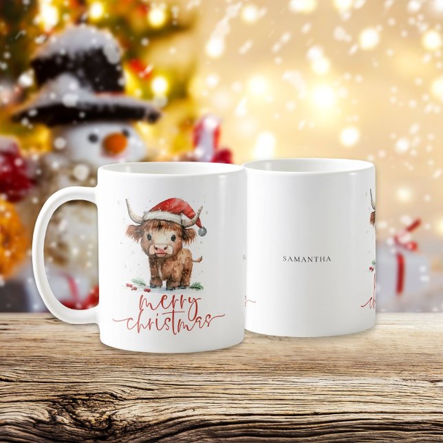 Santa Highland Cow Script Name Merry Christmas Coffee Mug (Personalise with a name)