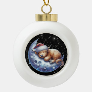 Santa Highland Cow Sleeping on the Moon Ceramic Ball Christmas Ornament
