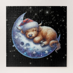 Santa Highland Cow Sleeping on the Moon Jigsaw Puzzle