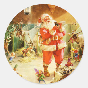 Santa & His Elves in the North Pole Stables Classic Round Sticker