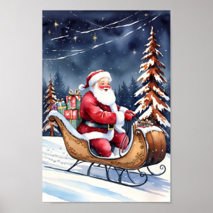 Santa & His Snowy Sleigh Classic Art Poster