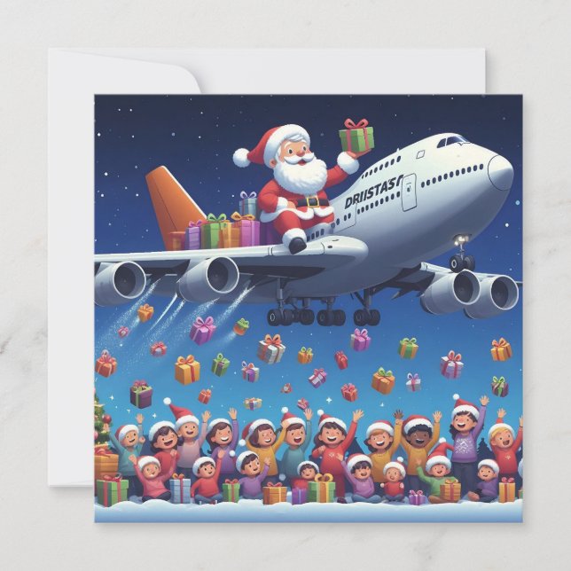Santa hitching a ride on jumbo jet flat card (Front)